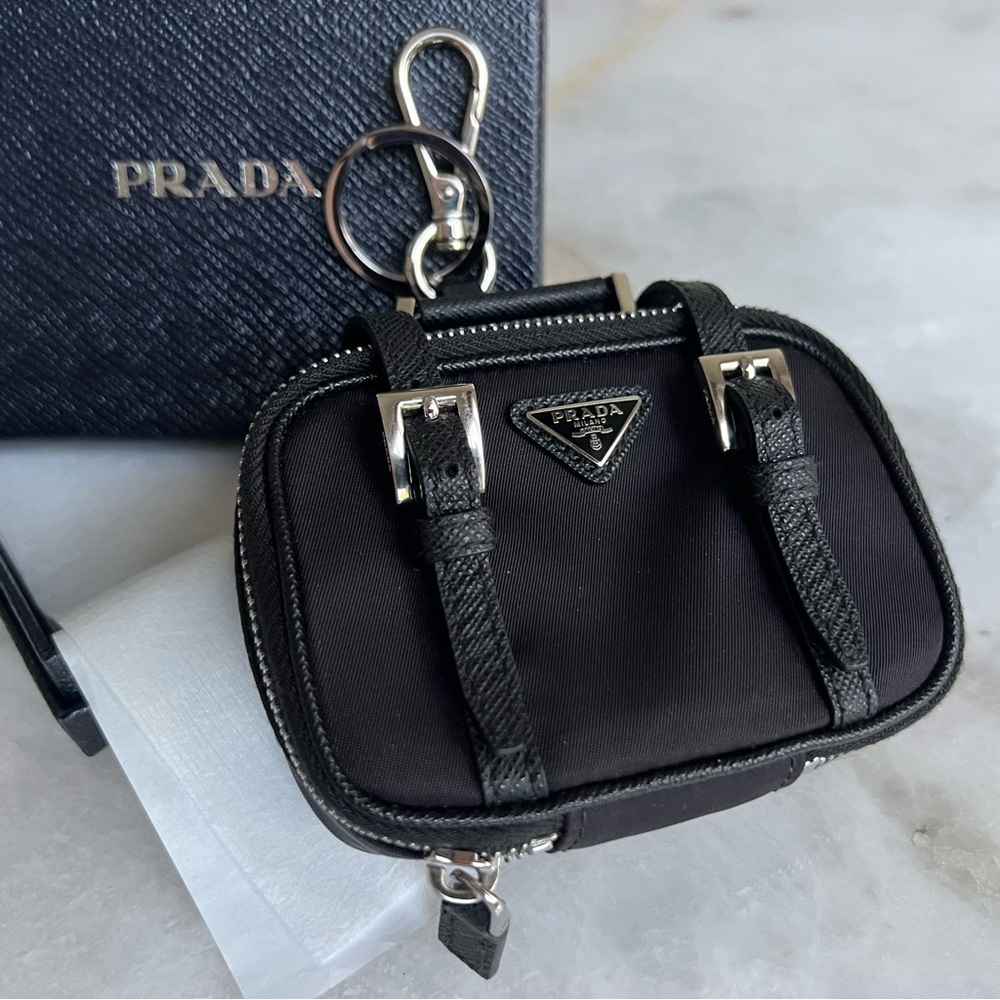 PRADA Black Tessuto Mini Nylon Leather & Silver Luggage Keychain Charm NWOT